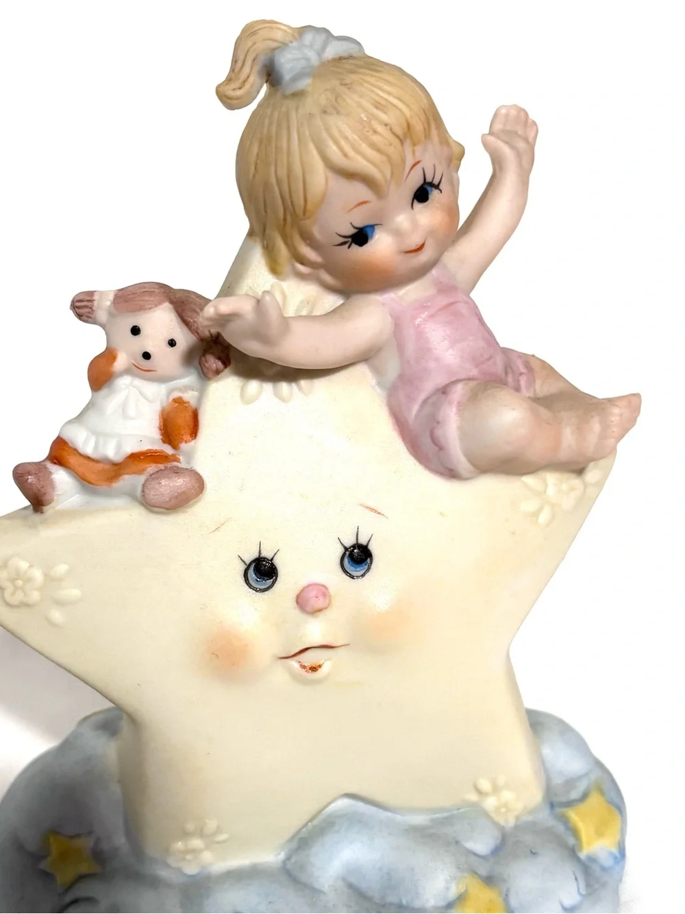 Vintage Celestial Hand-Painted Ceramic Star Figurine with Girl in Pink Outfit